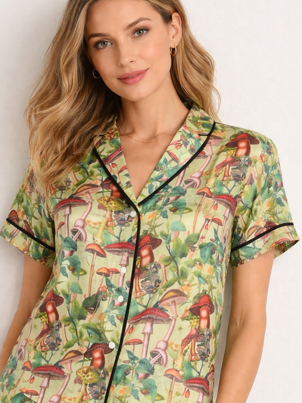 Anthropologie Lyrebird Satin Green Mushroom-Print Short Sleeve Pajama Top. XS